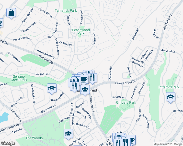 map of restaurants, bars, coffee shops, grocery stores, and more near 21631 Treeshade Lane in Lake Forest