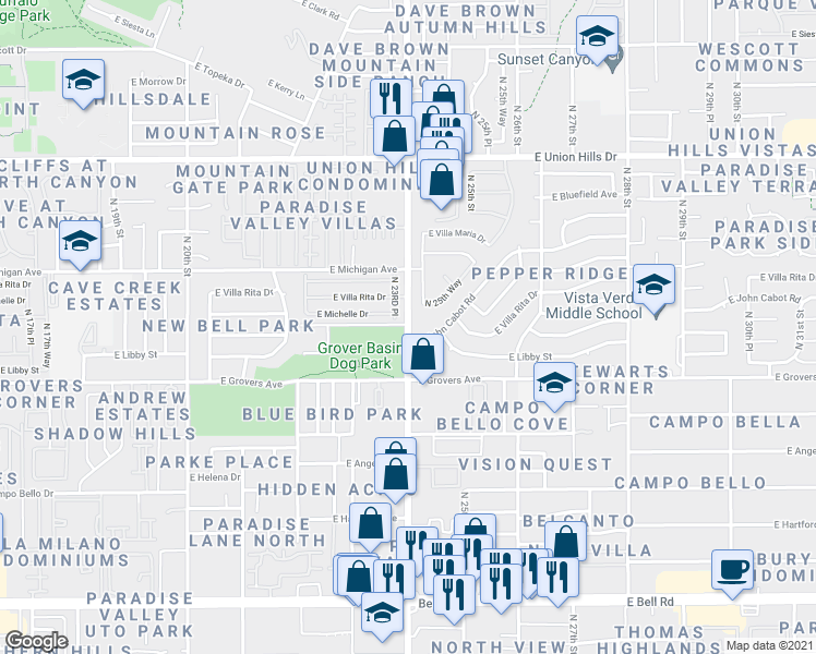 map of restaurants, bars, coffee shops, grocery stores, and more near 18025 N Cave Creek Rd in Phoenix