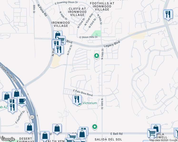 map of restaurants, bars, coffee shops, grocery stores, and more near 9309 East Canyon View Road in Scottsdale