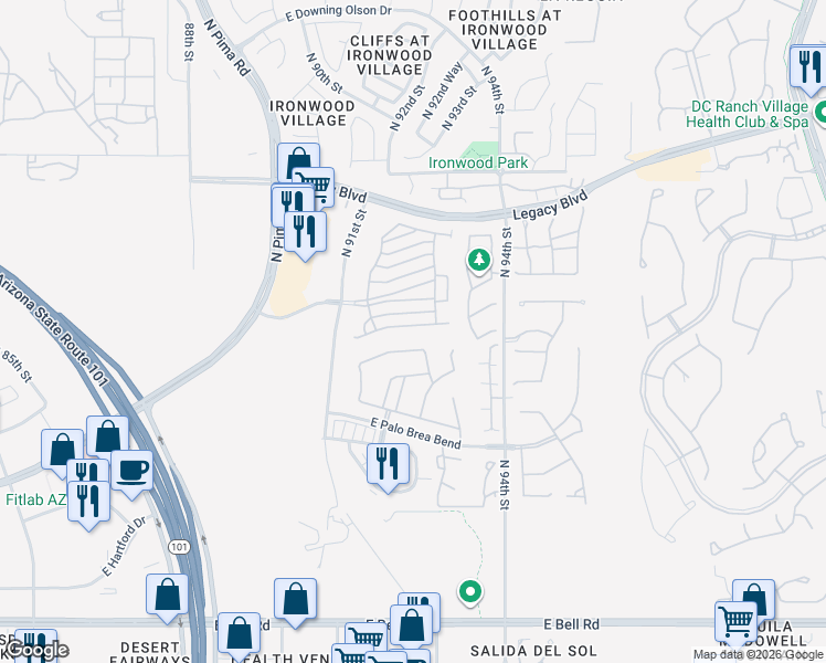 map of restaurants, bars, coffee shops, grocery stores, and more near 9273 East Canyon View Road in Scottsdale