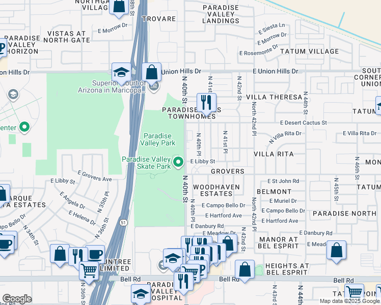 map of restaurants, bars, coffee shops, grocery stores, and more near 17841 North 40th Street in Phoenix