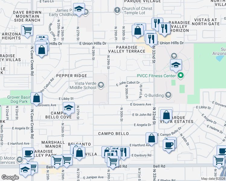 map of restaurants, bars, coffee shops, grocery stores, and more near 2902 East Charleston Avenue in Phoenix
