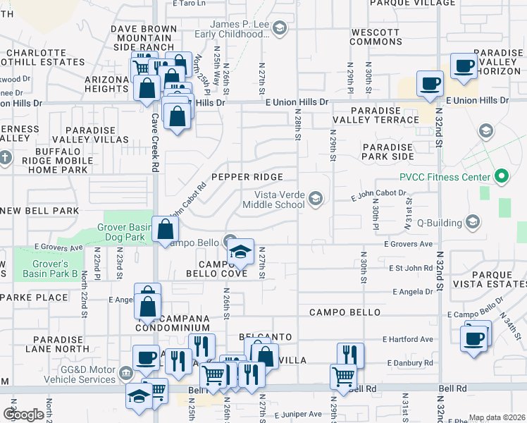 map of restaurants, bars, coffee shops, grocery stores, and more near 2632 East Charleston Avenue in Phoenix