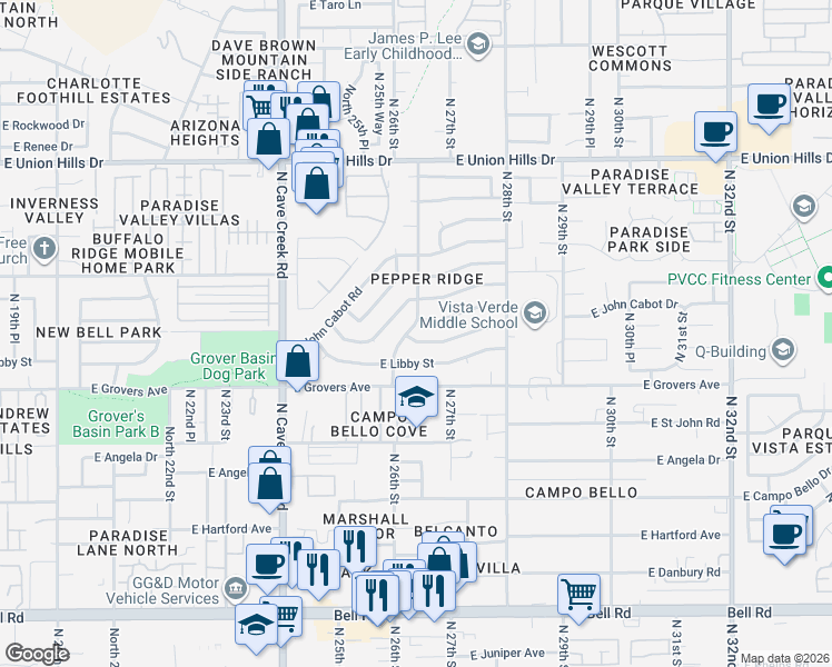 map of restaurants, bars, coffee shops, grocery stores, and more near 18008 North 26th Street in Phoenix