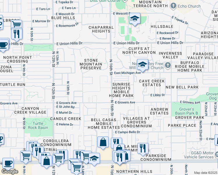 map of restaurants, bars, coffee shops, grocery stores, and more near 1534 East Charleston Avenue in Phoenix