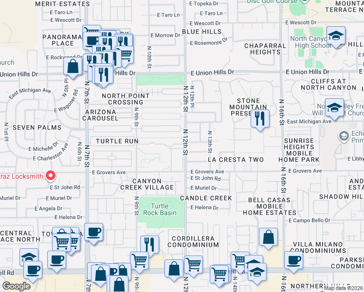 map of restaurants, bars, coffee shops, grocery stores, and more near 18002 North 12th Street in Phoenix