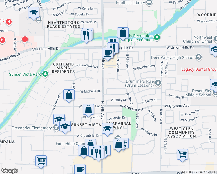 map of restaurants, bars, coffee shops, grocery stores, and more near 5820 West John Cabot Road in Glendale