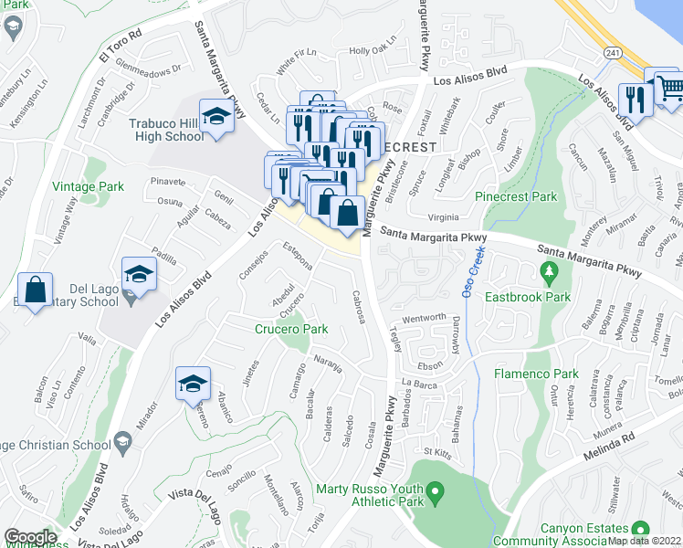 map of restaurants, bars, coffee shops, grocery stores, and more near 21596 Cabrosa in Mission Viejo