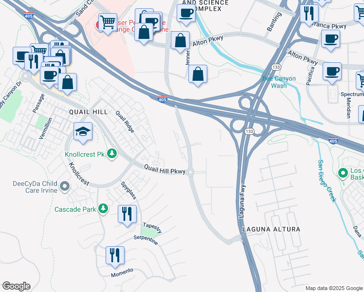 map of restaurants, bars, coffee shops, grocery stores, and more near 400 Limestone in Irvine