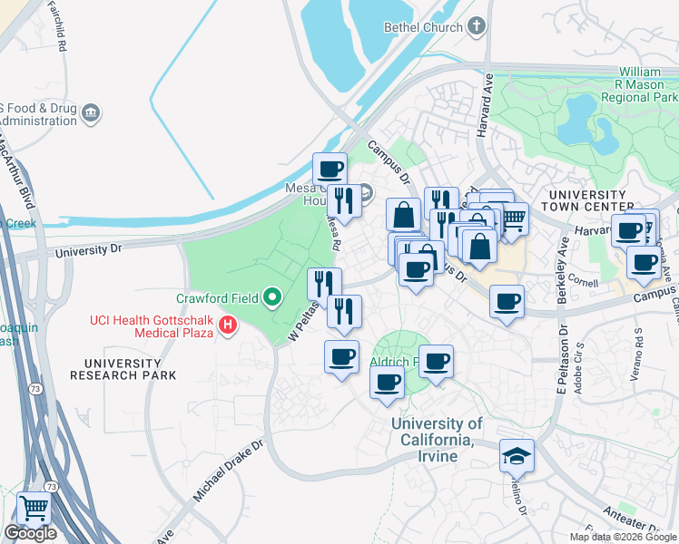 map of restaurants, bars, coffee shops, grocery stores, and more near 713 Mesa Road in Irvine