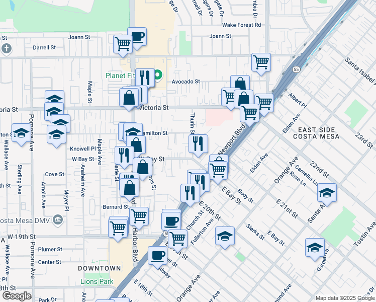map of restaurants, bars, coffee shops, grocery stores, and more near 376 West Bay Street in Costa Mesa