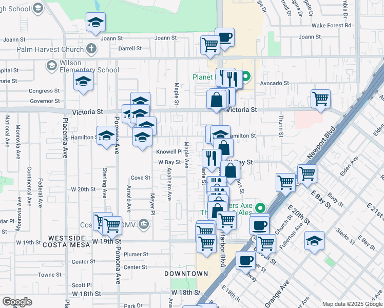 map of restaurants, bars, coffee shops, grocery stores, and more near 2063 Charle Street in Costa Mesa