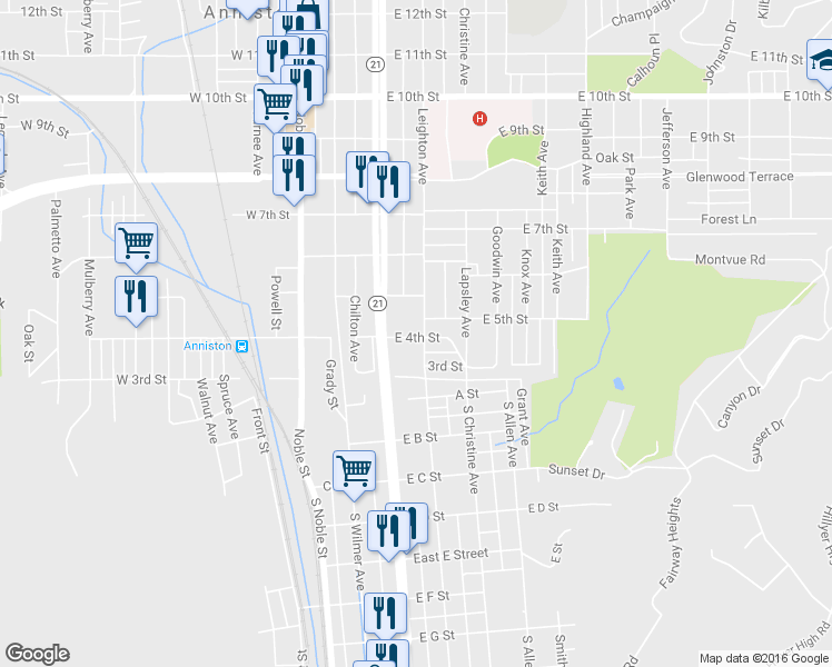 map of restaurants, bars, coffee shops, grocery stores, and more near 400 Leighton Avenue in Anniston