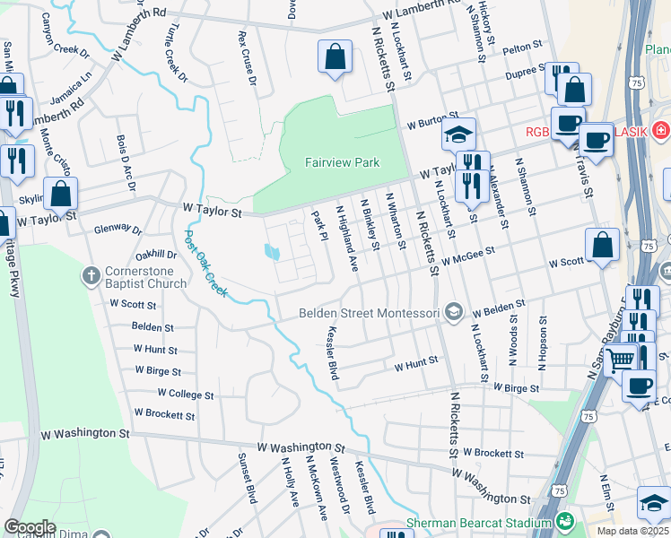 map of restaurants, bars, coffee shops, grocery stores, and more near 1201 Park Place in Sherman