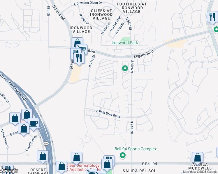 map of restaurants, bars, coffee shops, grocery stores, and more near 9273 East Canyon View Road in Scottsdale