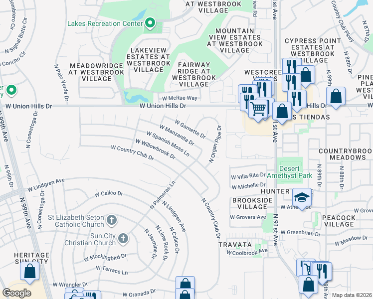 map of restaurants, bars, coffee shops, grocery stores, and more near 9518 West Spanish Moss Lane in Sun City