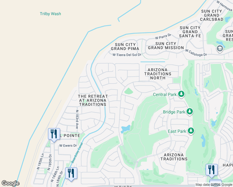 map of restaurants, bars, coffee shops, grocery stores, and more near 18045 W Skyline Dr in Surprise