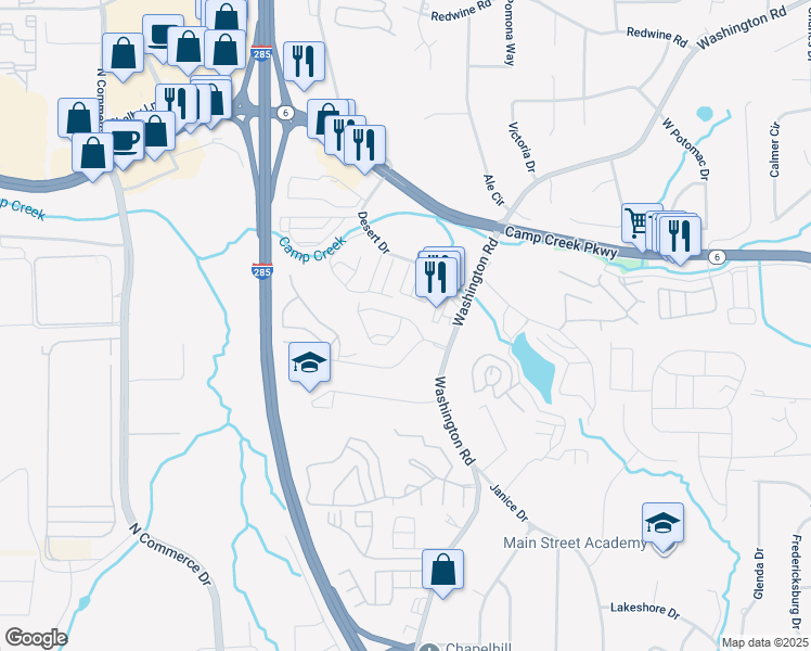 map of restaurants, bars, coffee shops, grocery stores, and more near 2865 Laurel Ridge Circle in East Point