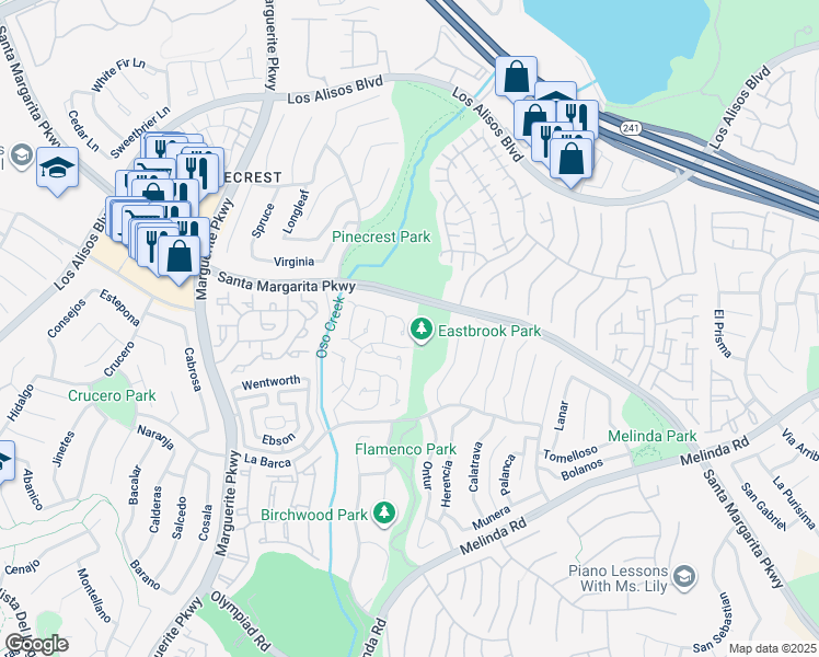 map of restaurants, bars, coffee shops, grocery stores, and more near 28321 Pinebrook in Mission Viejo