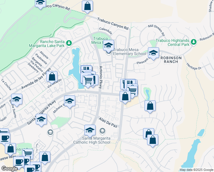 map of restaurants, bars, coffee shops, grocery stores, and more near 108 Flor De Sol in Rancho Santa Margarita