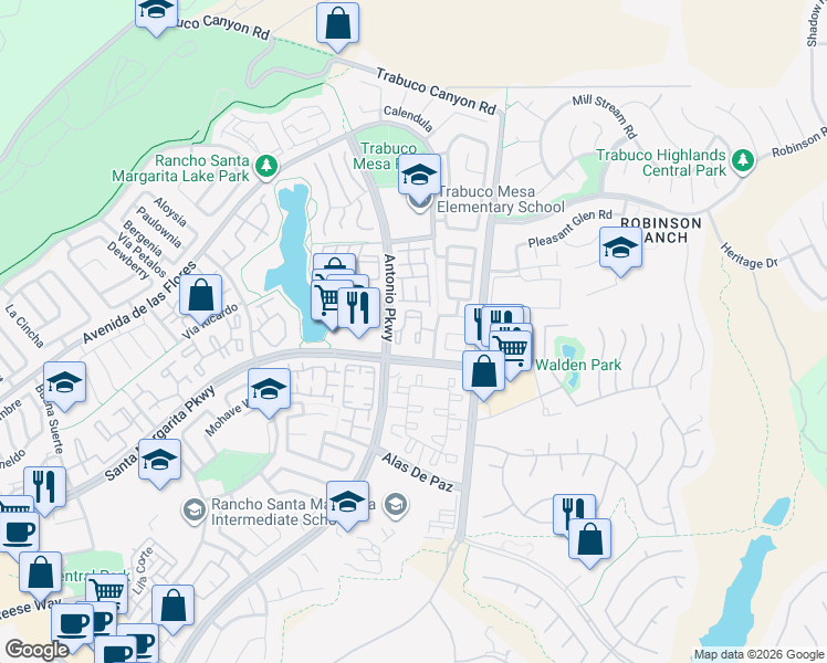 map of restaurants, bars, coffee shops, grocery stores, and more near 140 Flor De Sol in Rancho Santa Margarita