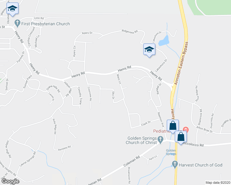 map of restaurants, bars, coffee shops, grocery stores, and more near 309 Sky Drive in Anniston