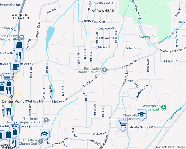 map of restaurants, bars, coffee shops, grocery stores, and more near 705 25th Avenue Northeast in Center Point