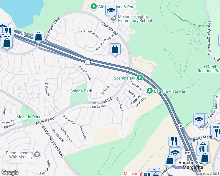 map of restaurants, bars, coffee shops, grocery stores, and more near 2 Via Brida in Rancho Santa Margarita