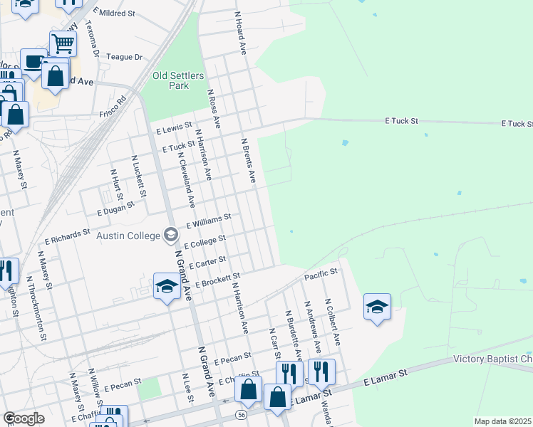 map of restaurants, bars, coffee shops, grocery stores, and more near 913 North Brents Avenue in Sherman