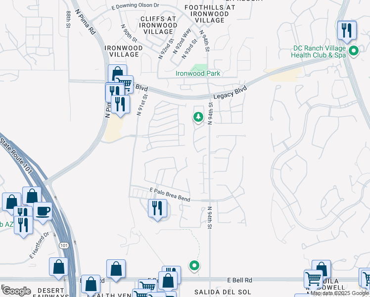 map of restaurants, bars, coffee shops, grocery stores, and more near 9309 East Canyon View Road in Scottsdale