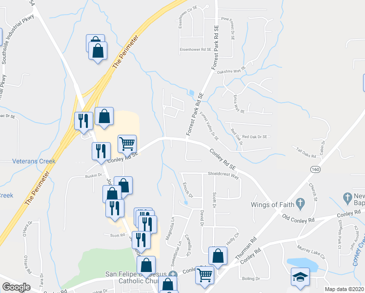 map of restaurants, bars, coffee shops, grocery stores, and more near 3843 Bonnie Ln SE in Atlanta