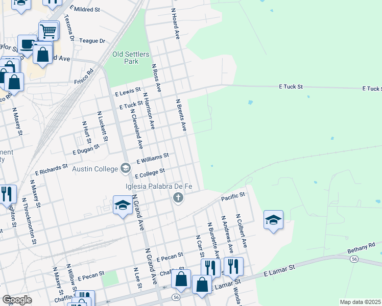 map of restaurants, bars, coffee shops, grocery stores, and more near 915 North Brents Avenue in Sherman