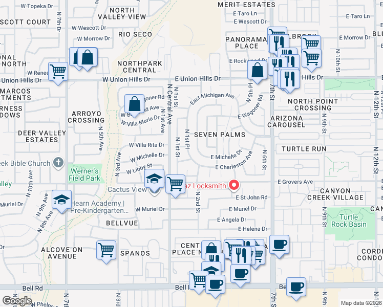 map of restaurants, bars, coffee shops, grocery stores, and more near 18013 North 1st Place in Phoenix