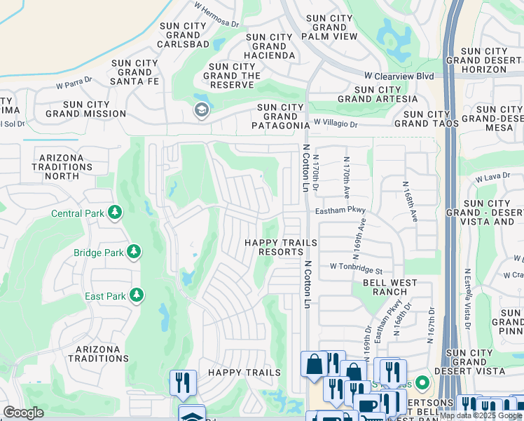 map of restaurants, bars, coffee shops, grocery stores, and more near 17224 West Wrangler in Surprise