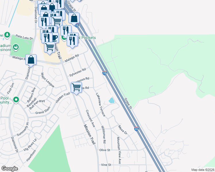 map of restaurants, bars, coffee shops, grocery stores, and more near 32480 Mesa Drive in Lake Elsinore
