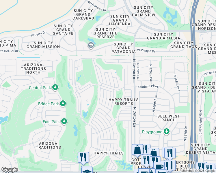 map of restaurants, bars, coffee shops, grocery stores, and more near 17200 West Bell Road in Surprise