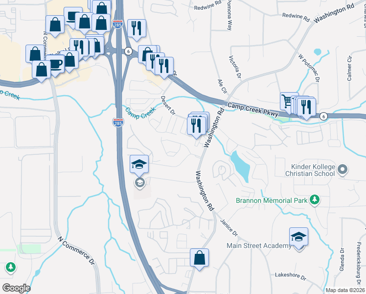 map of restaurants, bars, coffee shops, grocery stores, and more near 2865 Laurel Ridge Circle in East Point