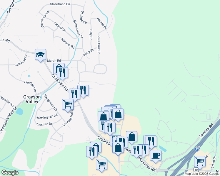 map of restaurants, bars, coffee shops, grocery stores, and more near 5279 Falling Creek Lane in Birmingham