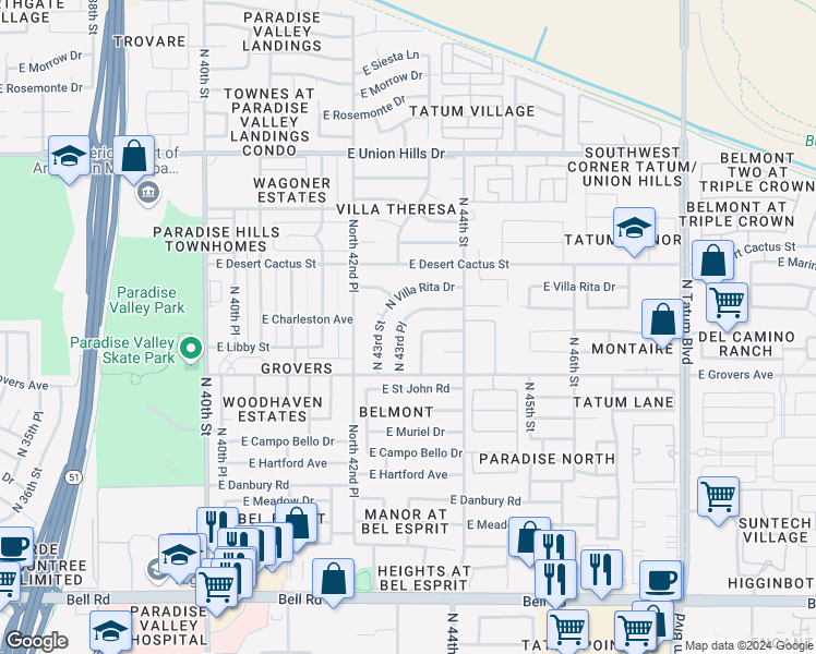 map of restaurants, bars, coffee shops, grocery stores, and more near 18001 North 43rd Place in Phoenix