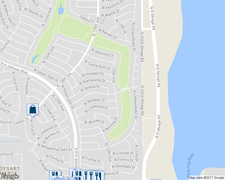 map of restaurants, bars, coffee shops, grocery stores, and more near 18210 125th Avenue in Sun City West