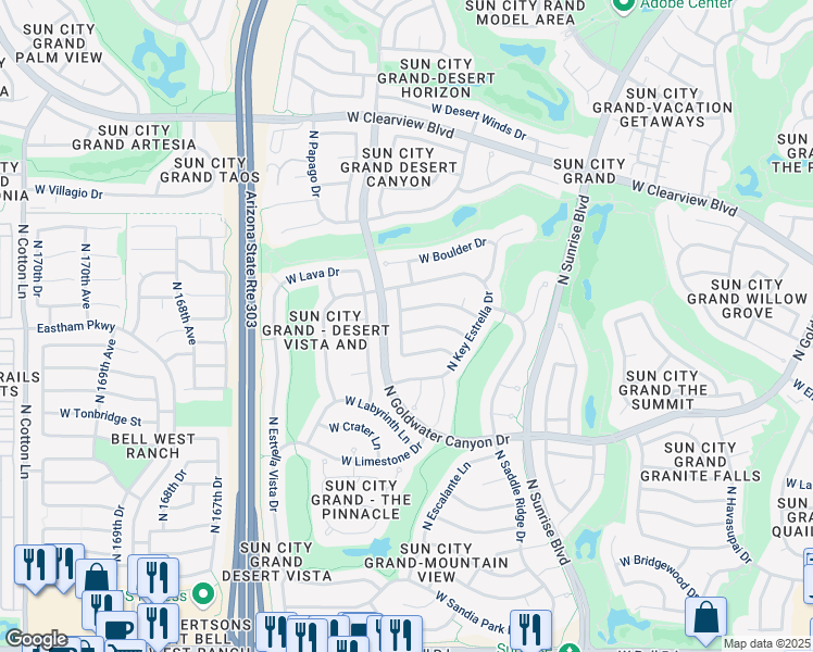 map of restaurants, bars, coffee shops, grocery stores, and more near 16286 West Mountain Pass Drive in Surprise