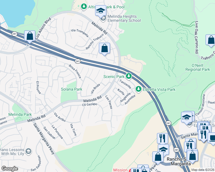 map of restaurants, bars, coffee shops, grocery stores, and more near 90 Melinda Road in Rancho Santa Margarita