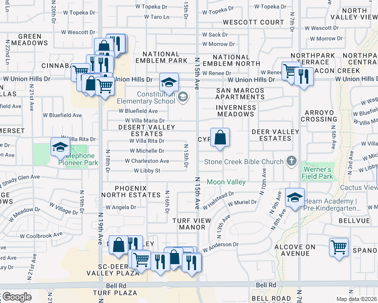 map of restaurants, bars, coffee shops, grocery stores, and more near 18009 North 15th Drive in Phoenix