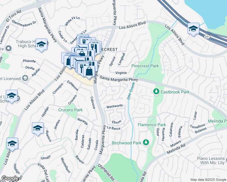 map of restaurants, bars, coffee shops, grocery stores, and more near 21622 Marguerite Parkway in Mission Viejo