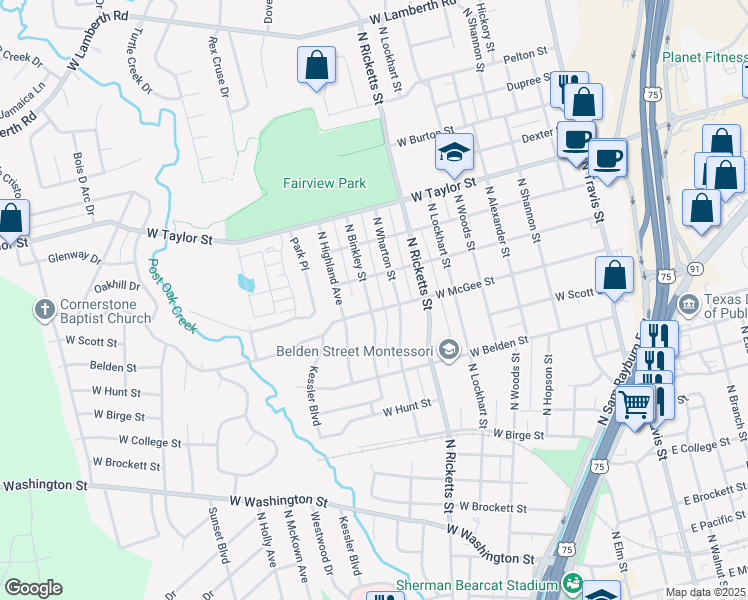 map of restaurants, bars, coffee shops, grocery stores, and more near 1609 North Binkley Street in Sherman