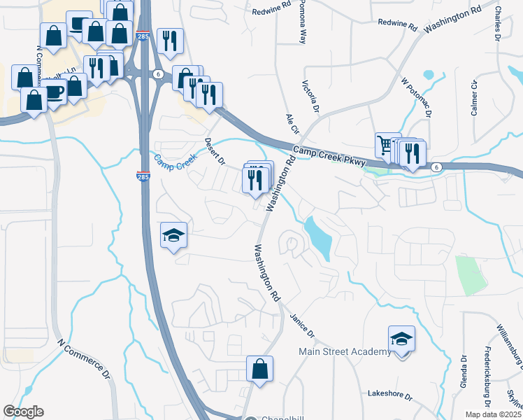 map of restaurants, bars, coffee shops, grocery stores, and more near 3887 Washington Road in East Point