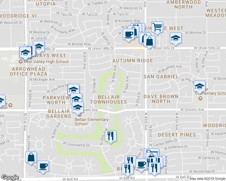 map of restaurants, bars, coffee shops, grocery stores, and more near 18035 North 45th Avenue in Glendale