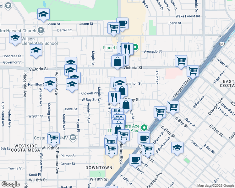 map of restaurants, bars, coffee shops, grocery stores, and more near 2073 Harbor Boulevard in Costa Mesa