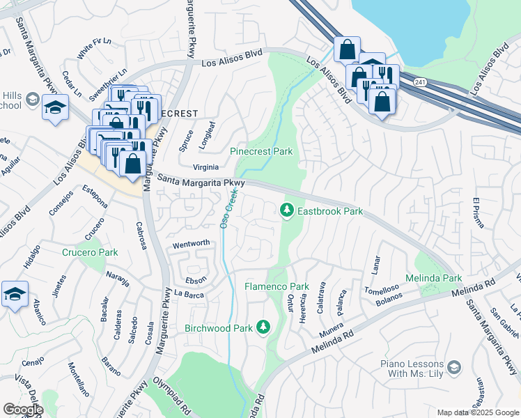 map of restaurants, bars, coffee shops, grocery stores, and more near 21541 Oakbrook in Mission Viejo
