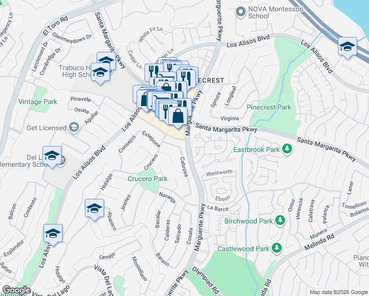 map of restaurants, bars, coffee shops, grocery stores, and more near 21596 Cabrosa in Mission Viejo